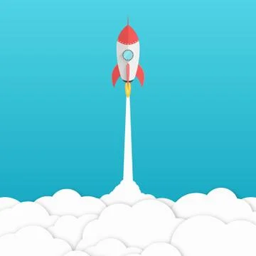 Red cartoon rocket. Background for your projects. White cloud of smoke. Adver Stock Illustration