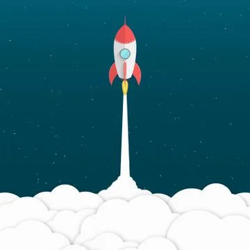 Red cartoon rocket. Background for your projects. White cloud of smoke. Adver Illustration