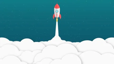 Red cartoon rocket. Background for your projects. White clouds. Advertising p Stock Illustration