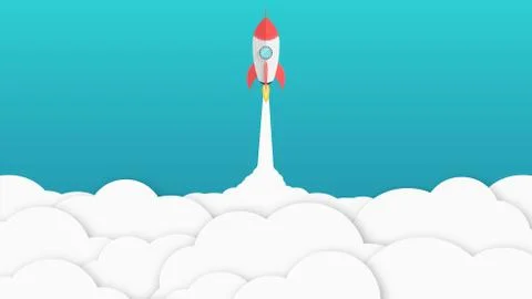 Red cartoon rocket. Background for your projects. White cloud of smoke. Adver Stock Illustration
