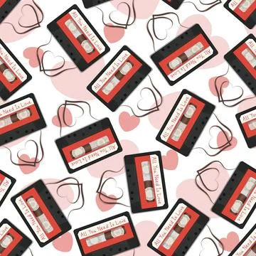 Red Cassette Tape Seamless Pattern With Pink Hearts Stock Illustration