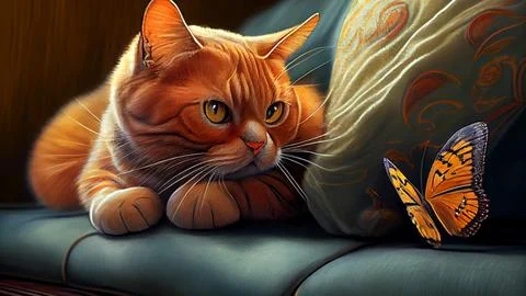 Red cat with a butterfly on the sofa. 3D illustration. Stock Illustration
