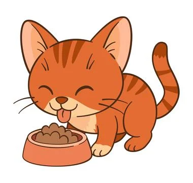 Red cat eats from a bowl. Cute ginger tabby kitten in cartoon style. Flat style イラスト素材