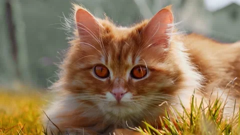 A red cat is lying on the grass Stock Footage
