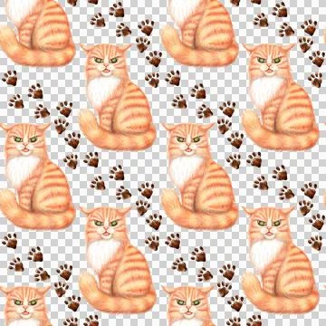 Red cat pattern and paw prints watercolor Stock Illustration