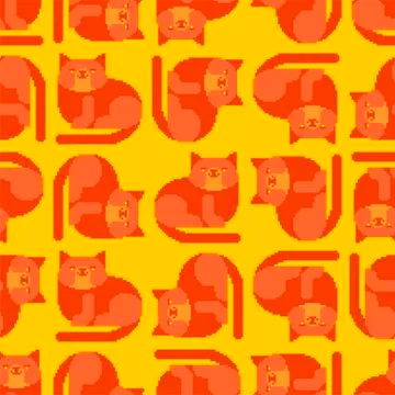 Red cat pixel art pattern seamless. 8 bit Digital home pet background. Vector Stock Illustration