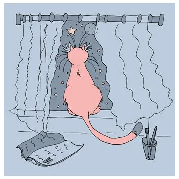 Red cat silhouette sitting on the window and watching at the Moon. Vector sketch Stock Illustration