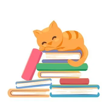Red cat sleeping stack books on white background. Book library, education Stock Illustration