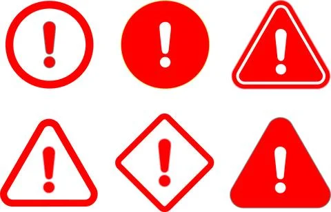 Red Caution, danger and warning signs icons set vector. Exclamation marks. .. Stock Illustration