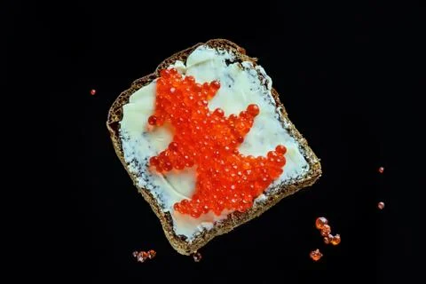 Red caviar on black bread in the form of a Christmas tree Stock Photos