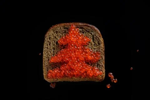 Red caviar on black bread in the form of a Christmas tree Stock Photos