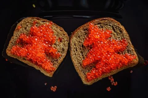 Red caviar on black bread in the form of a Christmas tree Stock Photos