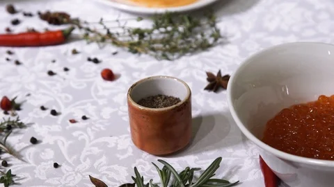 Red Caviar in a Cup on the Holiday Table. Traditional Russian Snack Stock Footage 99313742