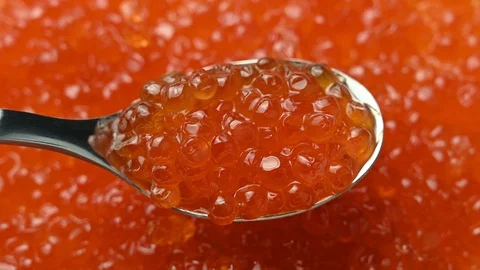 Red caviar of fish on a spoon close-up Stock Footage 127115645