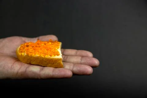 Red caviar is held in hands. Black background Stock Photos