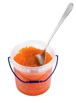Red caviar in a plastic container isolated Stock Photos