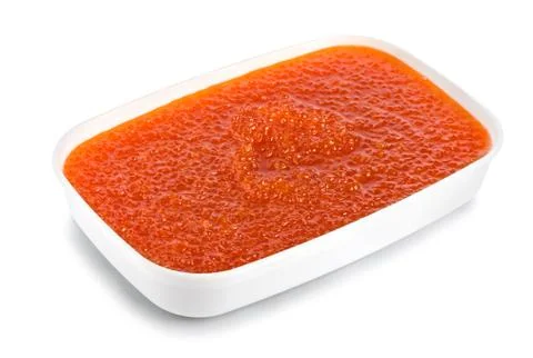 Red caviar in a plastic container Stock Photos