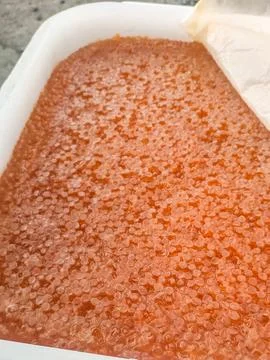 Red caviar in plastic container. Salmon caviar, diet food. Stock Photos