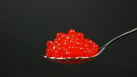 Red caviar on a spoon on a black background. Stock Footage 84074523