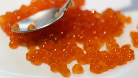 Red caviar is spread on a plate in a thin layer. Close-up, real time, natural li Stock Footage 108310868