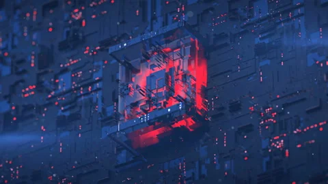 Red central processing unit on blue board seamless loop 3D render animation Stock Footage 140482639