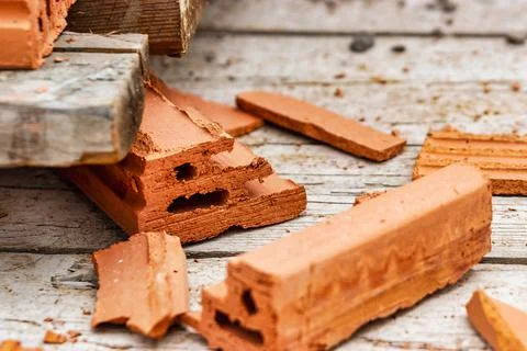 Red ceramic bricks at the construction site. Keramoblock. Hollow brick. Const 写真素材