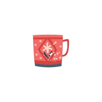 Red ceramic cup with flower decor in flat cartoon style Illustration