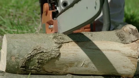 Red chainsaw sawn a timber Stock Footage 75396232