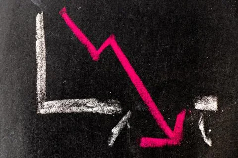 Red chalk drawing in down trend arrow break the graph line shape on black boa Stock Photos