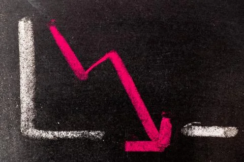 Red chalk drawing in down trend arrow break the graph line shape on black boa Stock Photos
