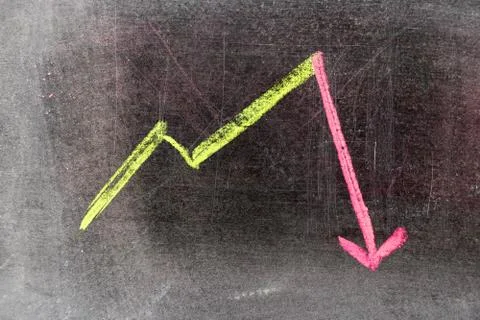 Red chalk drawing in down trend arrow shape on black board background Stock Photos