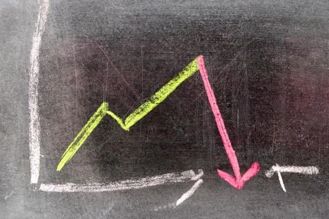 Red chalk drawing in down trend arrow break the graph line shape on black boa Stock Photos