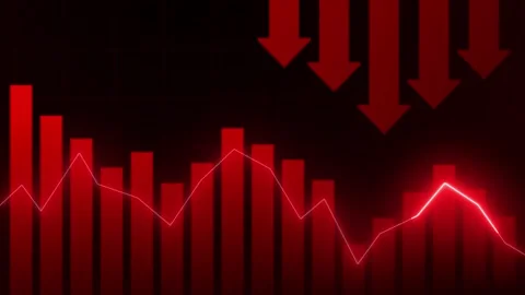 Red chart with arrows, showing economic decline and market loss. Stock Footage 286410662