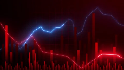 Red chart with blue lines, showing market fluctuations. Stock Footage 286410819