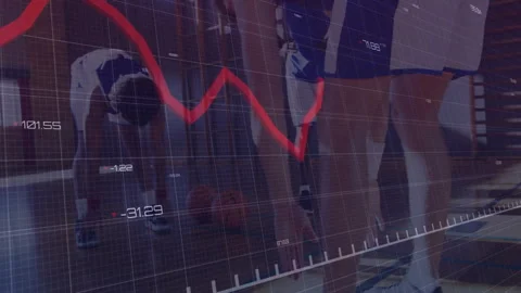 Red chart overlay appearing guiding teammates bending then crouching in sports Stock Footage 311501367