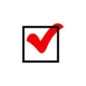 Red check mark icon in a box. Tick symbol in red color, vector illustration. Stock Illustration