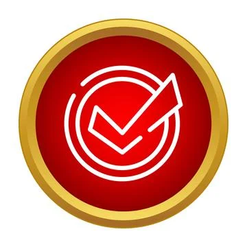 Red check mark icon inside golden circle button Stock Illustration
