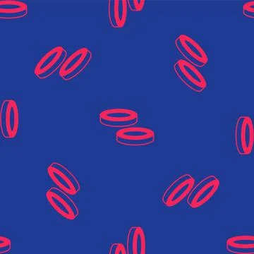 Red Checker game chips icon isolated seamless pattern on blue background. Vector Stock Illustration