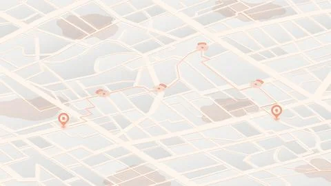 Red checkpoints on an isometric city map with navigation route and location. Stock Illustration