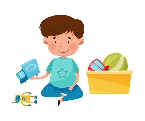 Red Cheeked Boy Sitting on Floor in Playroom and Playing with Different Toys Stock Illustration