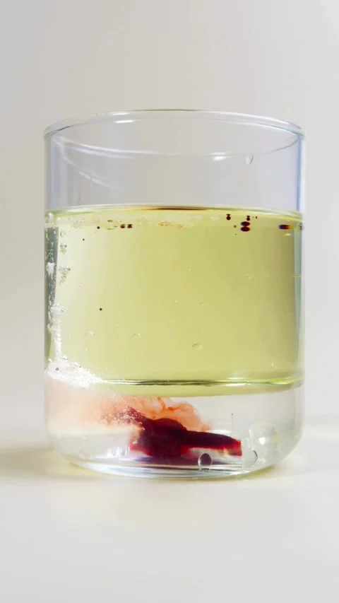 Red chemical reaction creating bubbles in layered liquid container Vídeos de archivo 331774891