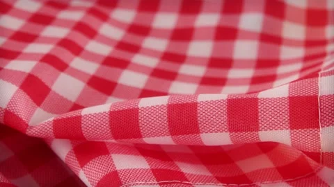 Red chequered table cloth extreme close up stock footage with a sliding camer Stock Footage 159294469