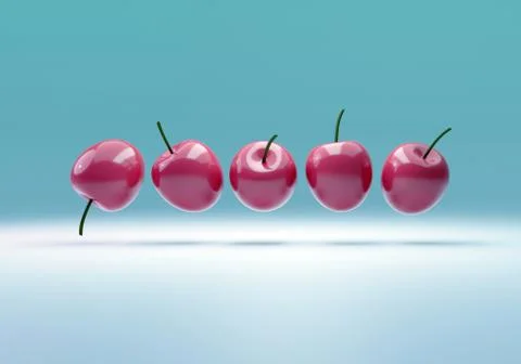 Red cherries in a row on blue background. 3d illustration Stock Illustration