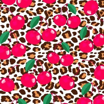 Red cherries seamless pattern. Red berries on leopard background Stock Illustration
