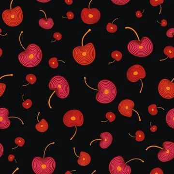 Red cherries seamless vector pattern on black Stock Illustration