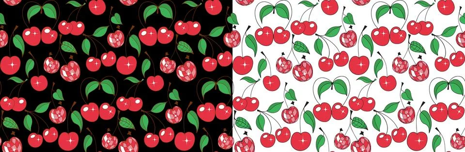 Red cherries vector seamless pattern black and white background Illustrazione stock
