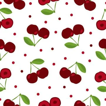 Red cherry and fruit halves with leaves seamless pattern on white background Stock Illustration