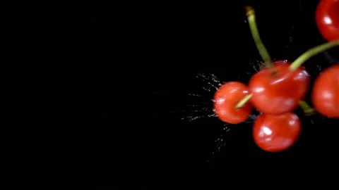 Red cherry berries fall in slow motion into a wet black Stock Footage 134307290