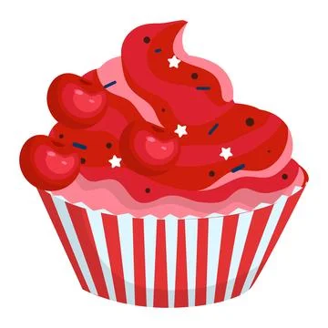 Red cherry cupcake with sprinkles in striped wrapper. Dessert with whipped cream Stock-Illustration