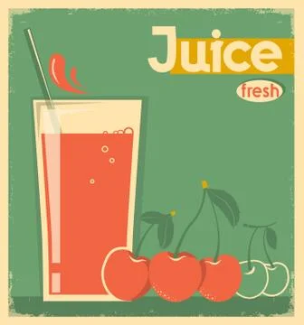Red cherry juice on card background.Vector vintage illustration Stock Illustration